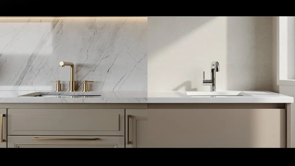 Comparación visual de materiales premium y estándar en reforma de vivienda mostrando retorno de inversión