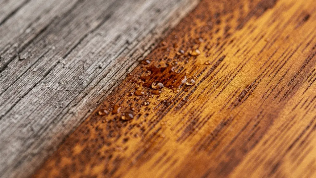 Detalle macro de madera tratada con aceite penetrante mostrando la absorción profunda