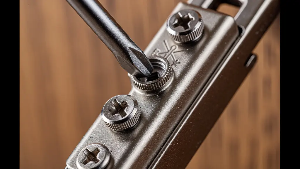 Detalle macro de bisagra de mueble mostrando los tres tornillos de ajuste con herramienta