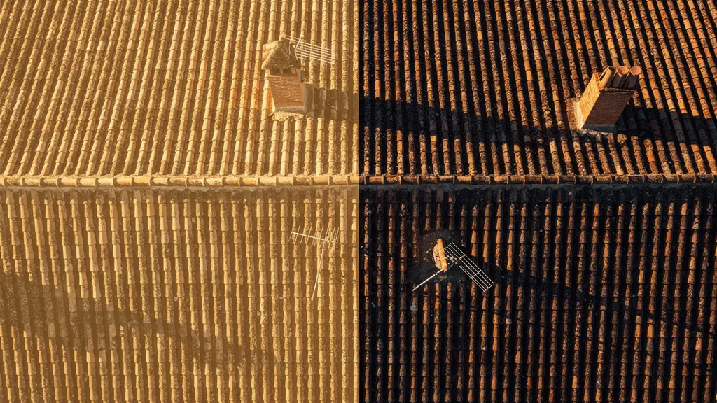 Vista cenital de tejado mostrando proyección de sombras de chimenea y antena con zonas óptimas marcadas
