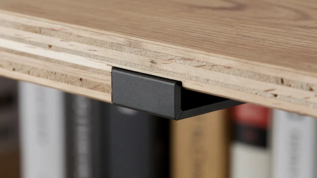 Vista macro de una balda de madera con refuerzo metálico oculto en su parte inferior