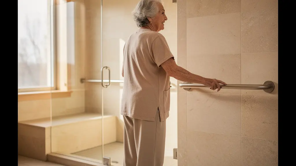 Baño moderno adaptado con diseño universal elegante y materiales naturales