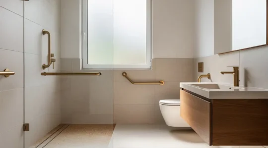 Baño moderno accesible para personas mayores con acabados elegantes y seguros