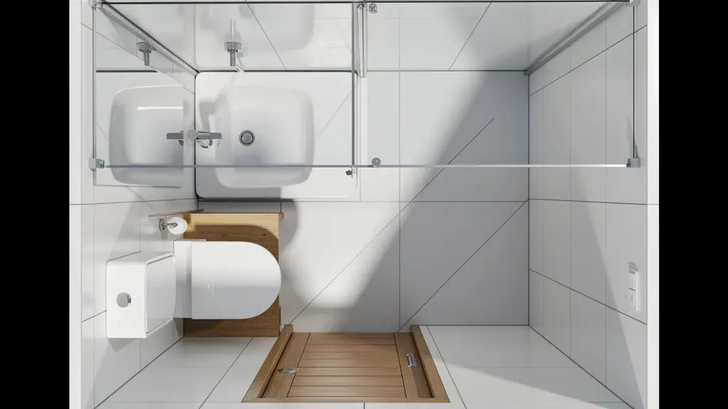 Vista superior de baño pequeño con mampara corredera maximizando el espacio
