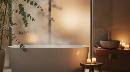 Baño moderno transformado en spa doméstico con iluminación tenue y elementos naturales