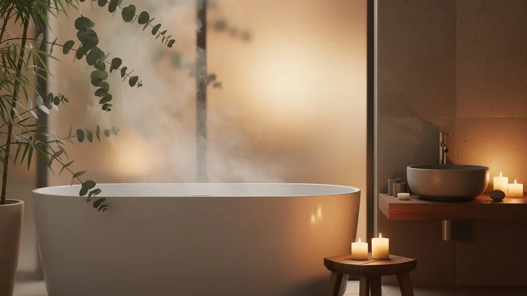 Baño moderno transformado en spa doméstico con iluminación tenue y elementos naturales