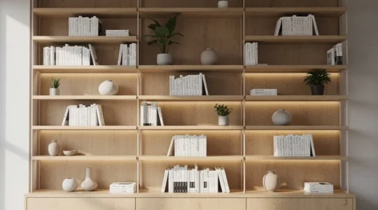 Biblioteca de madera de pared a pared con libros organizados y iluminación LED integrada