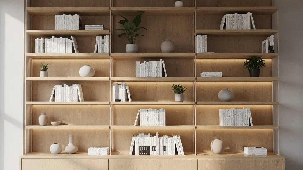 Biblioteca de madera de pared a pared con libros organizados y iluminación LED integrada