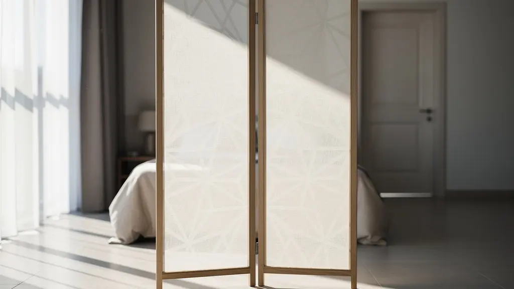 Dormitorio con biombo decorativo creando separación visual entre cama y puerta