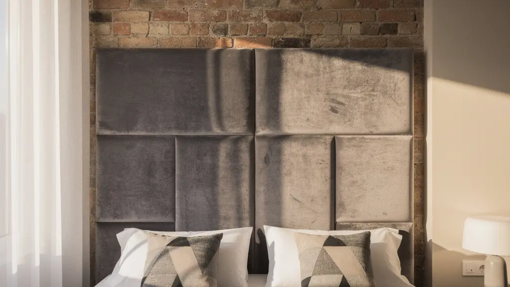 Cabecero acústico tapizado de terciopelo gris en dormitorio minimalista con pared de ladrillo visto