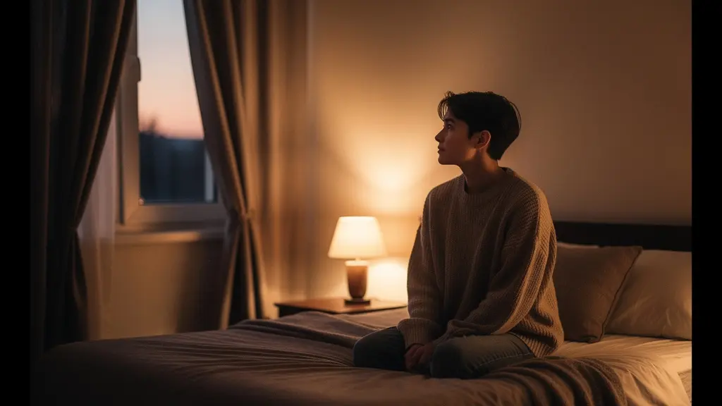 Dormitorio con cama posicionada estratégicamente lejos de la ventana con cortinas gruesas