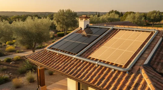 Vista aérea de casa unifamiliar con tejado preparado para instalación solar mostrando tubos corrugados y espacios reservados