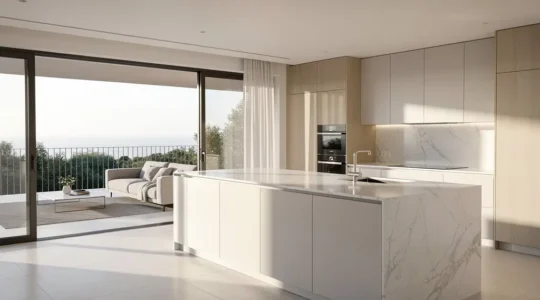 Cocina moderna abierta al salón con isla central y campana extractora elegante