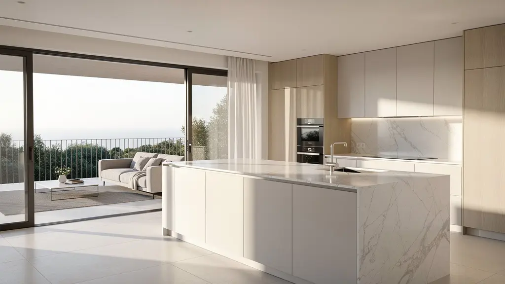 Cocina moderna abierta al salón con isla central y campana extractora elegante