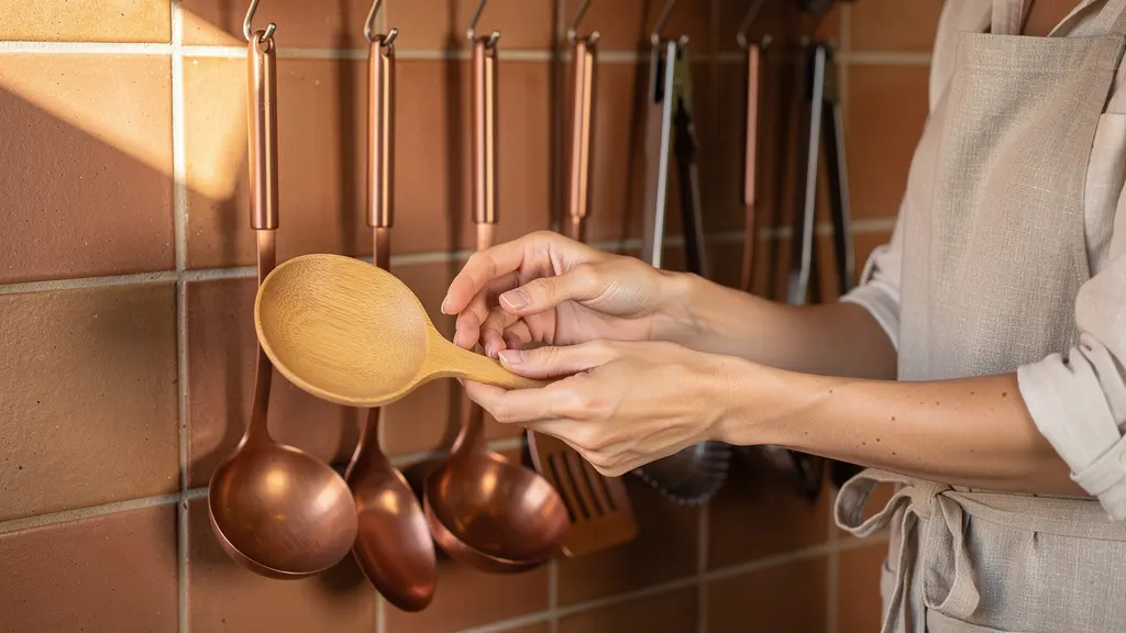 Barra de acero con utensilios de cocina colgados en perfecta organización