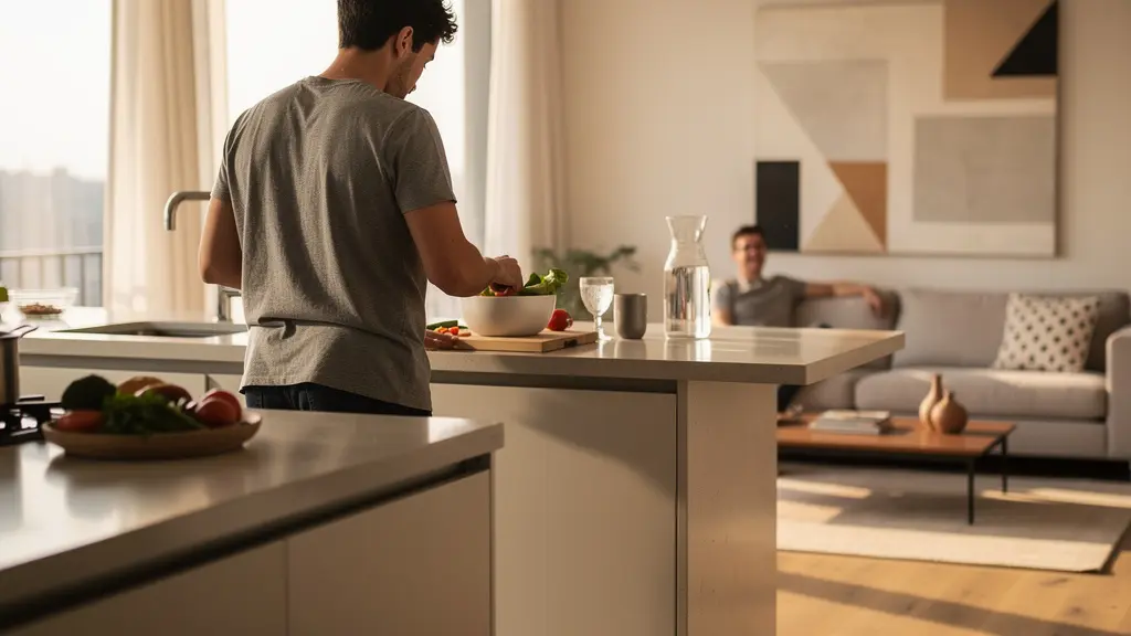 Cocina abierta al salón con isla central como elemento de transición en reforma moderna