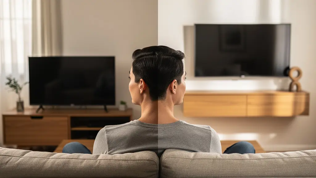 Comparación visual entre mueble TV bajo y suspendido mostrando altura ergonómica