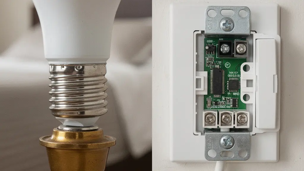 Comparación lado a lado de bombilla inteligente LED y módulo interruptor inteligente instalado