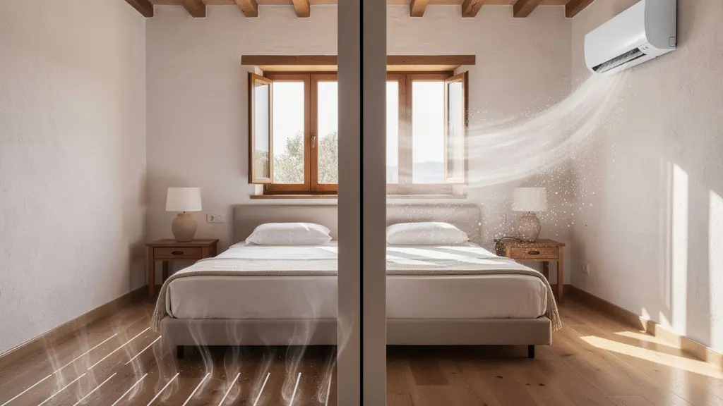 Comparación visual entre suelo radiante invisible y fancoil de pared en habitación española