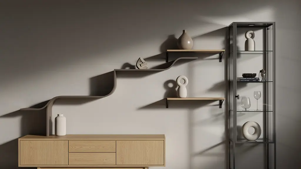 Pared de salón con muebles de distintas alturas creando ritmo visual