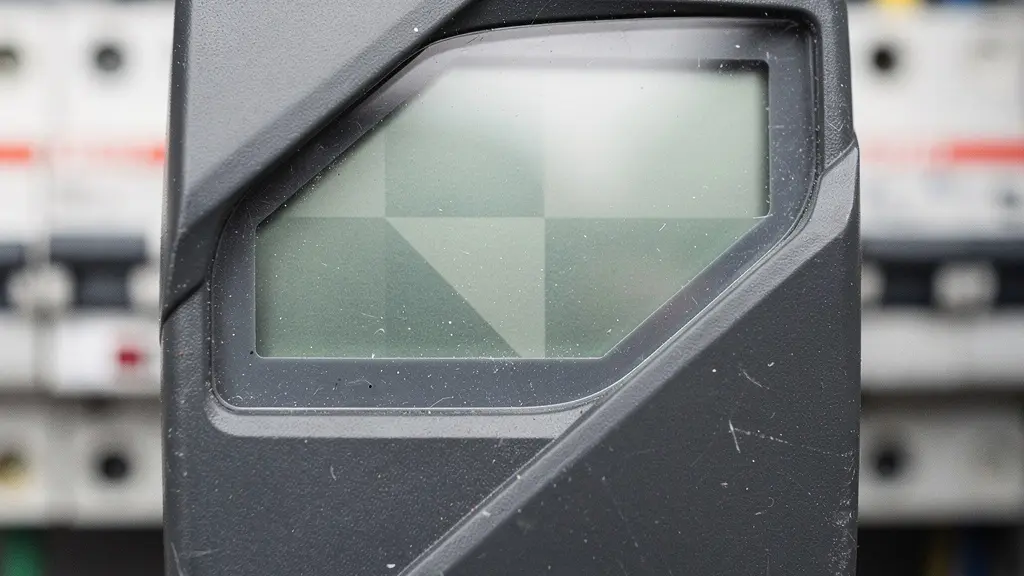 Primer plano de contador eléctrico digital mostrando lecturas en cuadro eléctrico doméstico