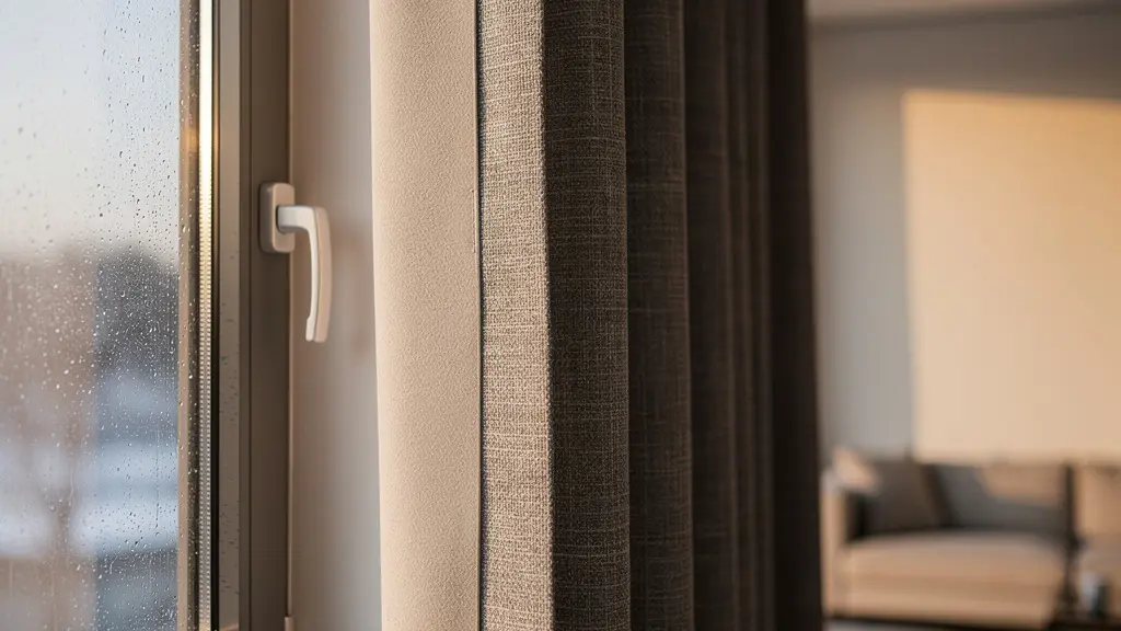 Ventana con cortina térmica multicapa mostrando efecto aislante