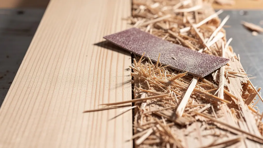 Detalle macro del daño en las fibras de madera por lijado en dirección contraria a la veta