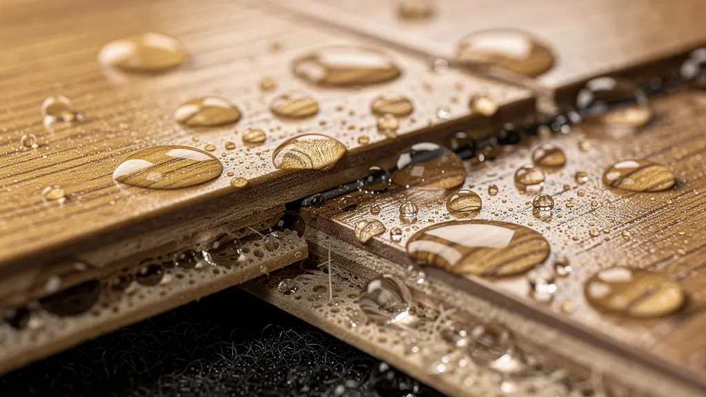 Detalle macro de juntas de madera mostrando infiltración de agua y su efecto en la manta acústica