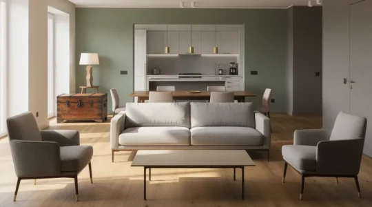 Interior moderno con diseño coherente mostrando transiciones fluidas entre espacios usando paleta de colores unificada