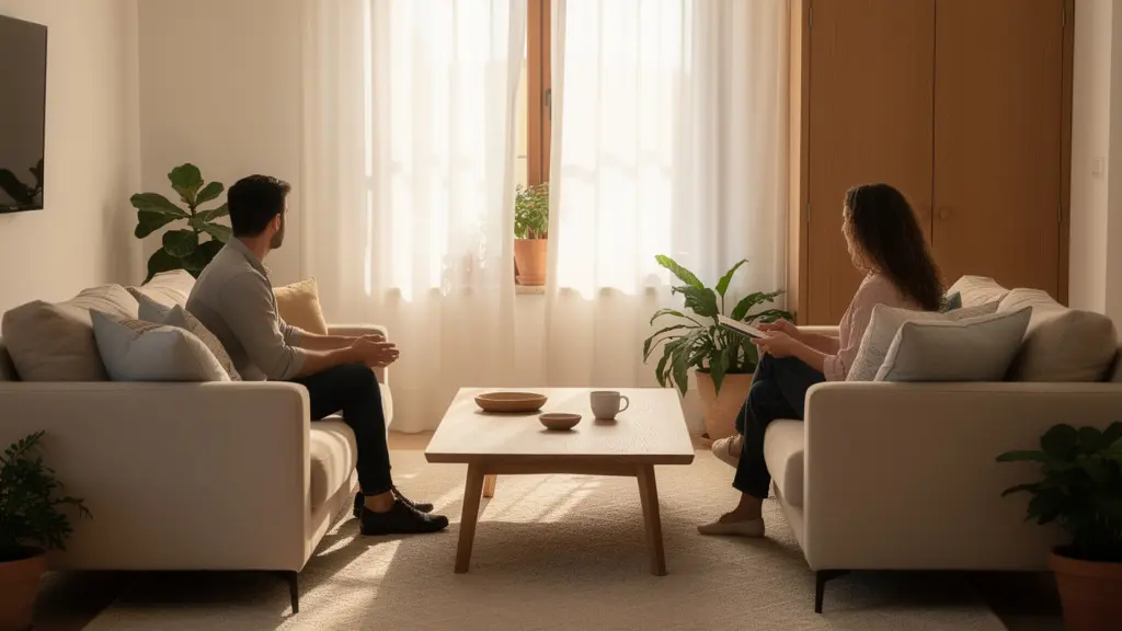 Distribución de salón con sofás enfrentados sin punto focal dominante