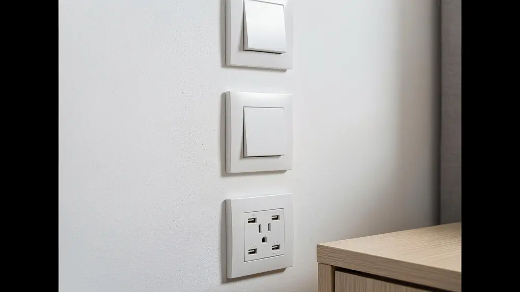 Vista lateral de cabecero con distribución estratégica de enchufes e interruptores para dormitorio