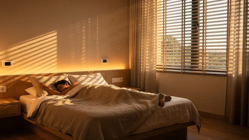Dormitorio con luz amanecer gradual, persianas subiendo automáticamente y ambiente cálido matutino