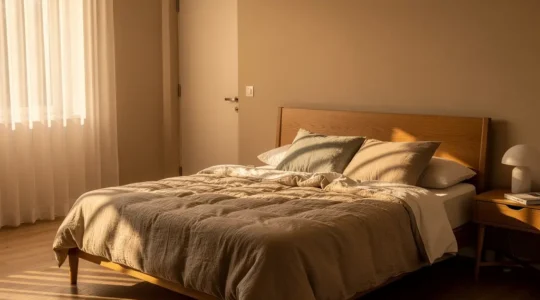 Dormitorio iluminado con luz natural mostrando una cama con cabecero de madera posicionada estratégicamente