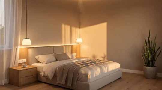 Dormitorio moderno con tonos neutros y ambiente relajante que favorece el descanso profundo