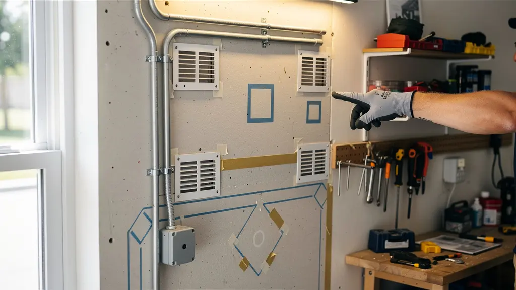 Interior de garaje con área técnica preparada para equipos solares mostrando ventilación y conexiones eléctricas