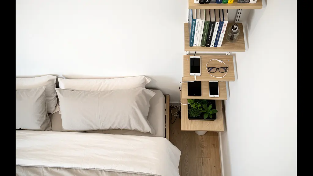 Vista cenital de dormitorio mostrando aprovechamiento vertical del espacio estrecho junto a la cama