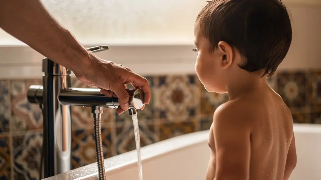 Familia española disfrutando de una ducha con grifo termostático en baño moderno