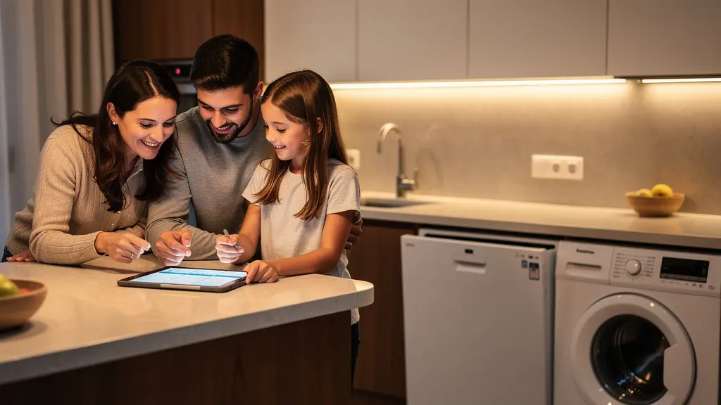 Familia programando electrodomésticos para aprovechar tarifas valle de electricidad