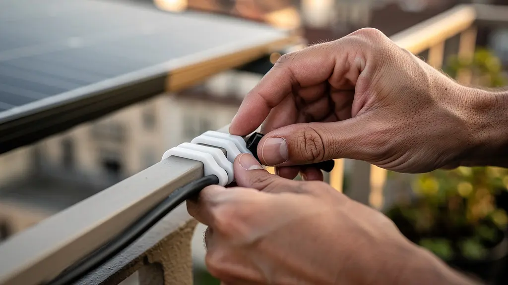 Detalle de una instalación de panel solar en una terraza, mostrando el cableado cuidadosamente protegido con canaletas blancas.