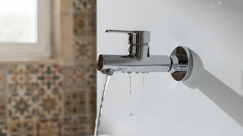 Grifo termostático cromado instalado en baño moderno español con detalle de gotas de agua