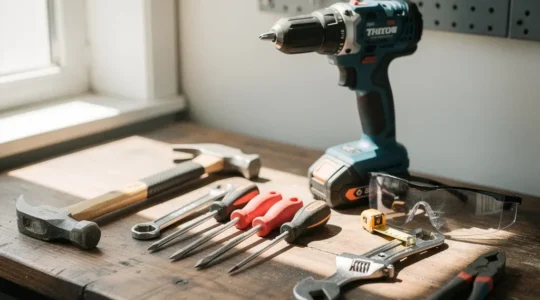 Mesa de trabajo con herramientas esenciales de bricolaje organizadas profesionalmente para reparaciones domésticas