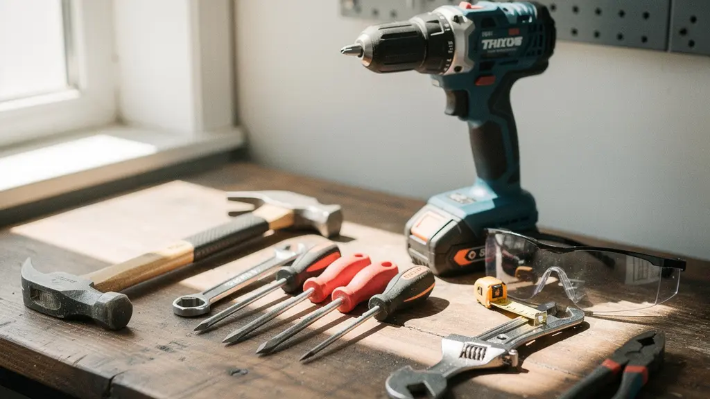 Mesa de trabajo con herramientas esenciales de bricolaje organizadas profesionalmente para reparaciones domésticas