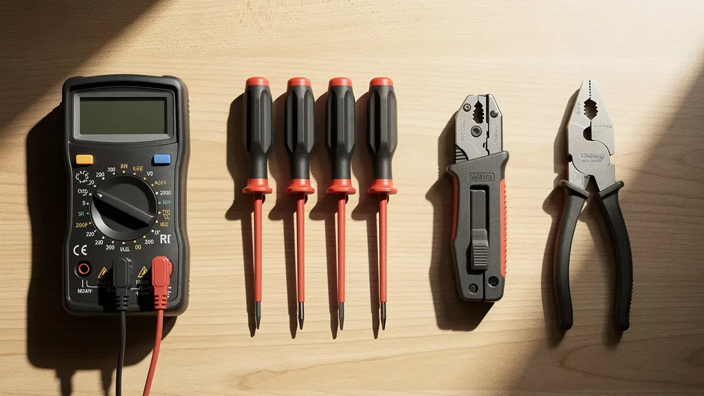 Vista cenital de herramientas de electricista organizadas sobre mesa de trabajo