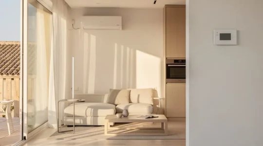 Salón moderno iluminado con luz natural mostrando electrodomésticos eficientes y ambiente sostenible