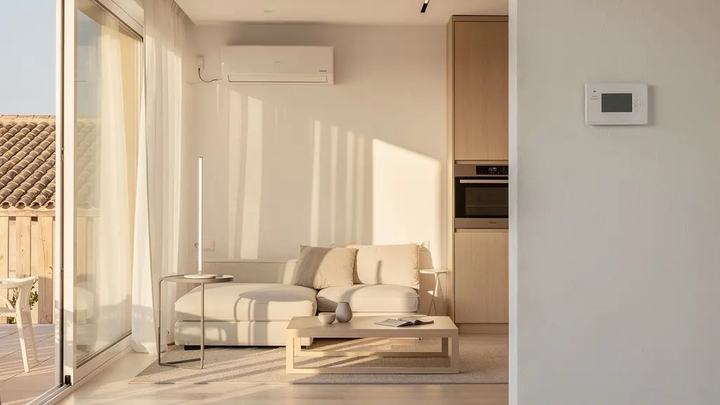 Salón moderno iluminado con luz natural mostrando electrodomésticos eficientes y ambiente sostenible