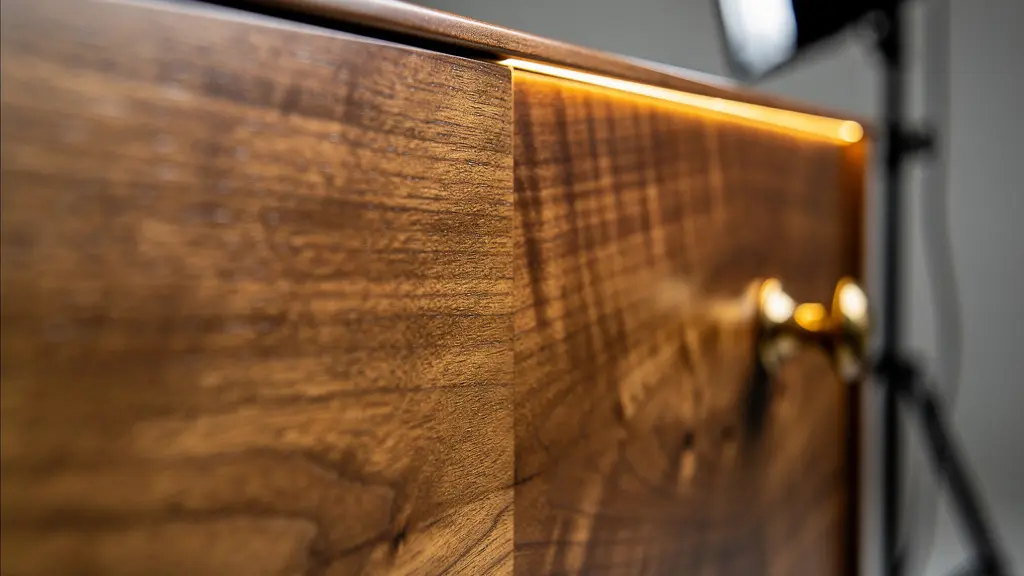 Detalle macro de textura de madera noble iluminada con luz lateral mostrando veta y profundidad