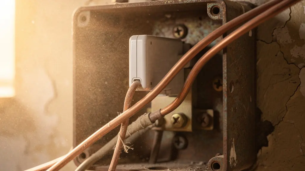 Detalle macro de bypass instalado junto a dimmer inteligente en caja eléctrica antigua