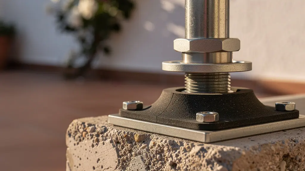 Unidad exterior de climatización instalada estratégicamente en terraza mediterránea con aislamiento acústico
