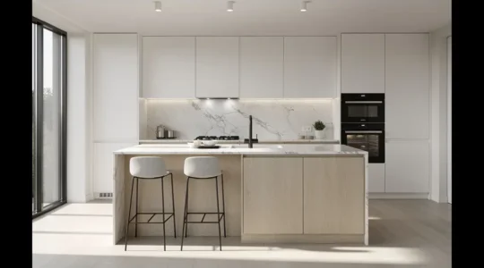 Cocina moderna con isla central amplia y distribución ergonómica