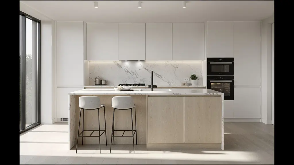 Cocina moderna con isla central amplia y distribución ergonómica